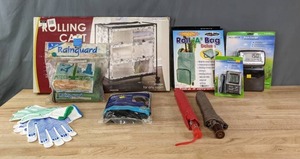 lot 355 image: Roll A Bag, Rolling Cart Storage, New Electric Thermometer and Rain Gauge and More R