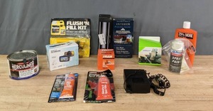 lot 344 image: Automotive Maintenance and Repair Items Flush N Fill Kit, Portable Air Compressor, Car Polish and Much More R