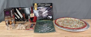 lot 366 image: Circle Serving Trays, Paper Placemats, Expert Grill Pocket Thermometer & Double Brush, Shappu 2000 Stainless Steel 10 Pc. Professional Cutlery Set, Dolphin Bottle Opener, Vino Pop Wine Opener, Etc. R