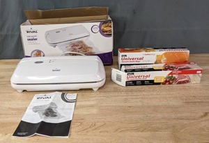 lot 368 image: Rival Vacuum Sealer, Universal Vacuum Sealer Bags in Pint & Quart Size and Universal Vacuum Sealer Roll R
