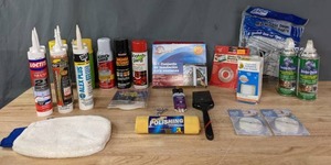 lot 375 image: Silicon Ultra, Tub & Tile Seal, Scotch Gard Fabric Protector, Silicon Spray, Pest Block, Magic Bathtub Sealer Trim, Microtex Polishing Towels, Caulk Tape, Enviro Duster and More R
