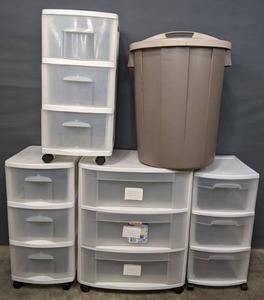 lot 378 image: (4) 3 Drawer Storage Plastic Organizers on Wheels and Round Trashcan with Lid R