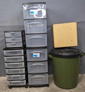 lot 379 image: (2) 3 Drawer Storage Organizer Carts, 3 Drawer Plastic Storage, 6 Drawer Storage Organizer on Wheels, Round Trashcan with Lid, Etc. R