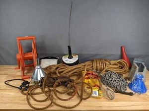 lot 361 image: Assortment of Tow Rope, Power Drum Auger, Transport Chain, Wheel Cord Storage Reel and More R