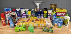 lot 365 image: Assortment of Cleaning Supplies Scrubbing Pads, Clorox Fresh Care, Lime Out Extra, Glory Rug Cleaner, Oxy Woolite Insta Clean, Windex, Lysol, Mr.Stick Lint Roller, Wisk Original Clean, Electrasol Baking Soda, Soap Dispenser and More R