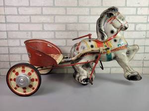 lot 8 image: 1950s MOBO Tin PONY EXPRESS Ride On Pedal Toy - Beautiful Original Condition
