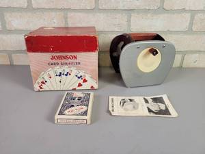 lot 60 image: Vintage JOHNSON Card Shuffler w Cards and Original Box - Works - Model No. 50