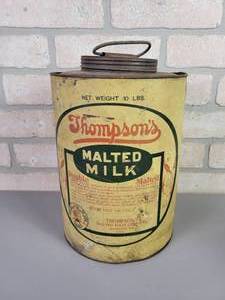 lot 63 image: Antique 10# Thompsons Malted Milk Can - Thompsons Malted Food Company Waukesha, WI