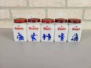 lot 69 image: (5) Vintage Hazel-Atlas Milk Glass Spice Jars