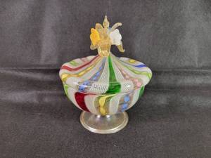 lot 11 image: Vintage Zanfirico Latticino Rainbow Ribbon Glass Candy Dish - Murano - Approx. 5 tall x 4.5 Diameter