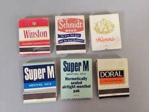 lot 119 image: (6) Vintage Cigarette and Beer Matchbooks - Hamms, Winston, Schmidt, Doral and Super M Menthols