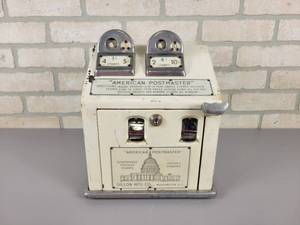 lot 15 image: Vintage American Postmaster 1Cent and 4Cent US Postage Stamp Vending Machine - Dillon MFG Washington D.C.