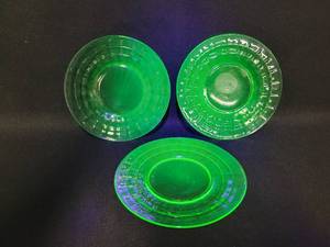 lot 22 image: (3) Uranium Glass Salad Plates - 8.25 Diameter Each