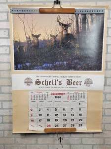 lot 154 image: 1990 Schells Beer Wall Calendar - New Ulm, MN - Approx. 31 x 42 - Features Magnificent Whitetails by Artist Michael Sieve