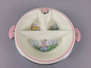 lot 172 image: Vintage Excello Little Bo Peep Divided  Warming Baby Food Plate - Approx. 8 Diameter x 2 wo Handles