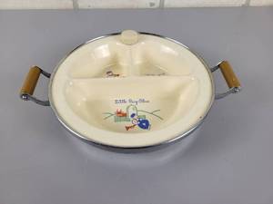 lot 171 image: Vintage Excello Little Boy Blue Divided  Warming Baby Food Plate - Approx. 8 Diameter x 2 wo Handles