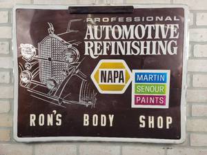 lot 184 image: NAPA MARTIN SENOUR PAINTS Body Shop Aluminum Sign Rons Body Shop - Single Sided