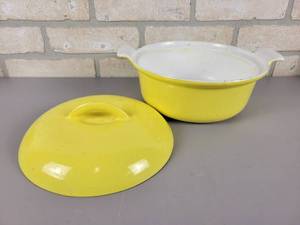 lot 195 image: Vintage Descoware Cast Iron w Yellow Porcelain Double Handle Dutch Oven - Made in Belgium