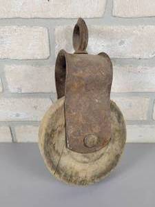 lot 197 image: Antique Steel & Wood Barn Pulley - Approx. 6 Diameter Pulley