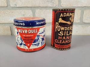 lot 250 image: Vintage Adams Powdered Silk Hand Cleanser and NEVR-DULL Magic Wadding Polish Tin
