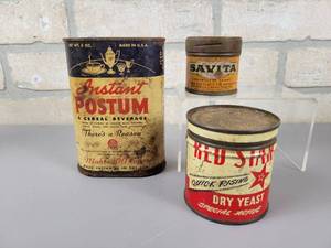 lot 248 image: (3) Vintage Tins - POSTUM Cereal Beverage, Savita Yeast Extract and Red Star Dry Yeast