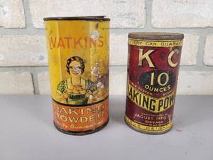 lot 249 image: (2) Vintage Baking Powder Containers - Watkins Winona, MN and KC