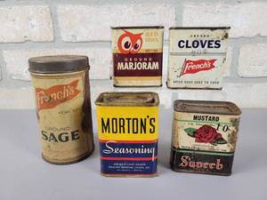 lot 247 image: (5) Vintage Spice Tins - Mortons, Frenchs, Superb and Red Owl