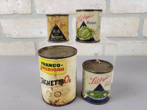 lot 244 image: (4) Tin Toy Libbys Vegetable Cans and Spaghetti-Os Can