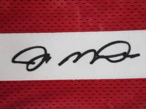 lot 1 image: LK Nicely Framed Joe Montana Autographed Jersey with COA WW