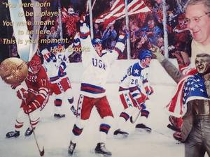 lot 106 image: Framed Olympic Hockey Artwork Commemorating USA Hockey Coach Herb Brooks