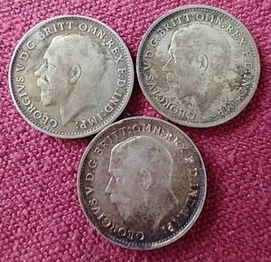 lot 76 image: (3) Silver UK 3 Pence Coins
