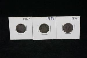 3 US Shield Nickel Coins - 1867, 1869, 1870