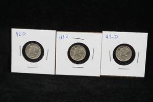 3 US Mercury Silver Dime Coins - 1942-D and 1943-D