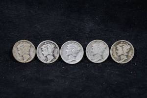5 US Mercury Silver Dime Coins - 1935, 1937, 1938, 1941-S, 1945-S