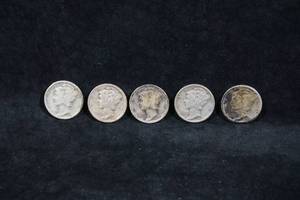 5 US Mercury Silver Dime Coins - 1929, 1944, 1927, 1943-S, 1935-S
