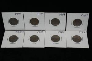 8 US Buffalo Nickel Coins - 1915, 1917, 1919, 1920, 1920-S, 1921, 1923, 1924
