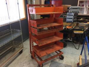 lot 121 image: Heavy Duty Rolling Adjustable Shelf Unit - Orange