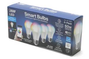 lot 41 image: 4-pack Feit Electric Smart Bulbs - 60W replacement, Dimmable, Millions of color choices