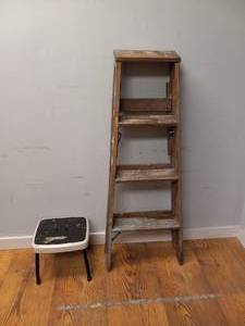 VINTAGE WOOD LADDER AND STEP STOOL