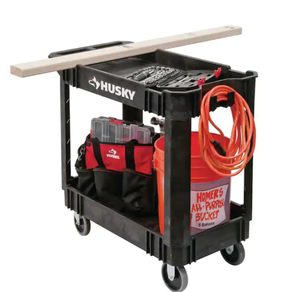 Husky 2-Tier Plastic 4-Wheeled Service Cart in Black with 500 lb. Capacity