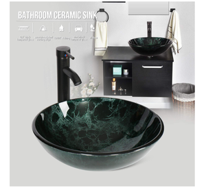 Elecwish ELECWISH Bathroom Artistic Vessel Sink, Modern Round Tempered Glass Basin Washing Bowl, Oil Rubbed Bronze Faucet, Pop-up Drain Set