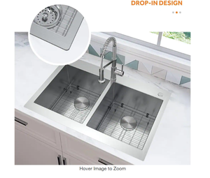 AIO Zero Radius Drop-InUndermount 16G Stainless Steel 33 in. 2-Hole Double Bowl Kitchen Sink with Spring Neck Faucet