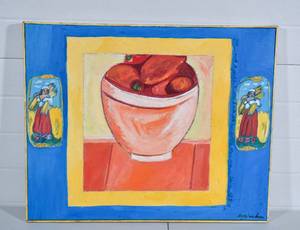 lot 20 image: Original Painting of Still Life Fruit Bowl & Two Women