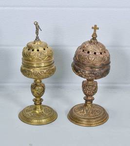 lot 30 image: 2 Vintage Footed Brass Censers w Cherub Motif