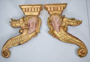 lot 37 image: Pair of 17th c. Gilt Wood Altar Architectural Pieces