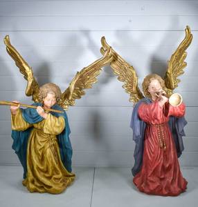 lot 41 image: 2 Molded Fiberglass Angels w Gilt Wings & Instruments