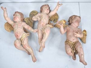 lot 42 image: 3 Carved Wood Cherub Sculptures