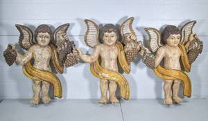 lot 45 image: 3 Carved Wood Cherub Angel Figures with Grapes