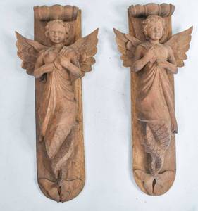 lot 46 image: Pair Carved Wood Mythical Being Wall Decor