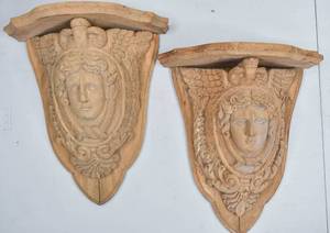 lot 47 image: Pair Carved Wood Wall Shelves or Plaques w Faces